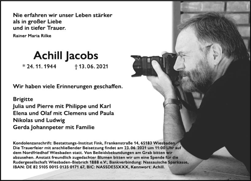  Traueranzeige für Achill Jacobs vom 19.06.2021 aus vrm-trauer