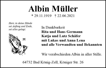 Traueranzeige von Albin Müller von vrm-trauer