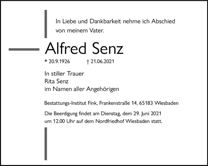  Traueranzeige für Alfred Senz vom 26.06.2021 aus vrm-trauer