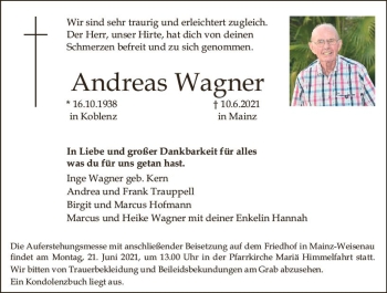 Traueranzeige von Andreas Wagner von vrm-trauer