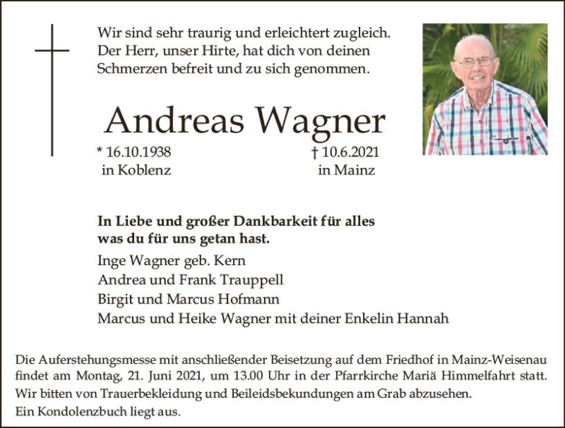  Traueranzeige für Andreas Wagner vom 19.06.2021 aus vrm-trauer