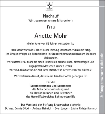Traueranzeige von Anette Mohr von vrm-trauer