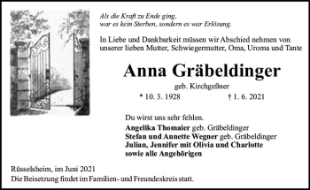 Traueranzeige von Anna Gräbeldinger von vrm-trauer