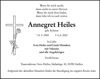 Traueranzeige von Annegret Heiles von vrm-trauer