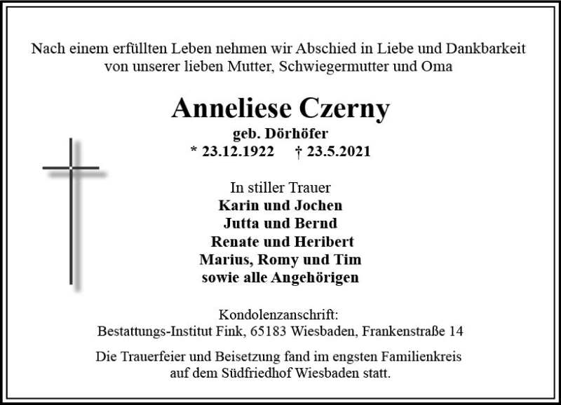  Traueranzeige für Anneliese Czerny vom 12.06.2021 aus vrm-trauer