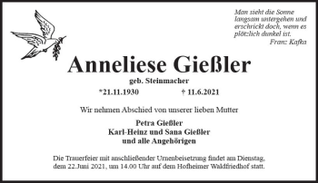 Traueranzeige von Anneliese Gießler von vrm-trauer