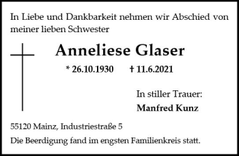 Traueranzeige von Anneliese Glaser von vrm-trauer
