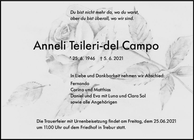  Traueranzeige für Anneli Teileri-del Teileri-del Campo vom 19.06.2021 aus vrm-trauer