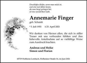 Traueranzeige von Annemarie Finger von vrm-trauer