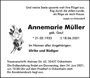 Traueranzeige von Annemarie Müller von vrm-trauer
