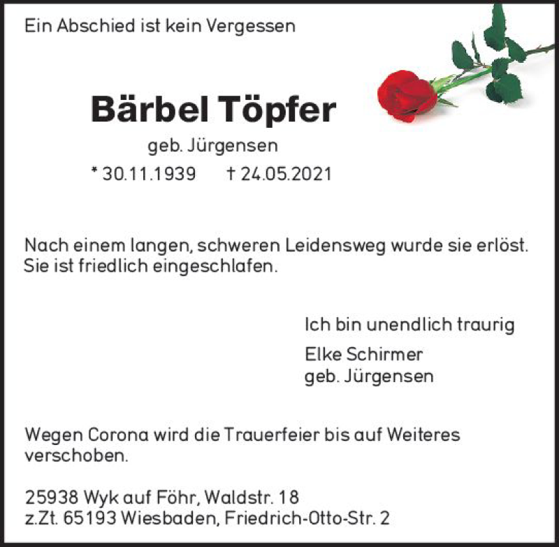  Traueranzeige für Bärbel Töpfer vom 05.06.2021 aus vrm-trauer