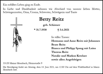 Traueranzeige von Barbara Reitz von vrm-trauer