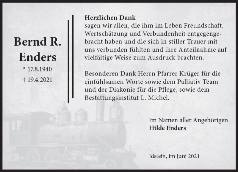 Traueranzeige für Bernd Enders vom 05.06.2021 aus vrm-trauer