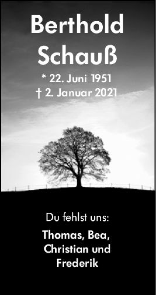  Traueranzeige für Berthold Schauß vom 22.06.2021 aus vrm-trauer