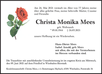 Traueranzeige von Christa Monika Mees von vrm-trauer