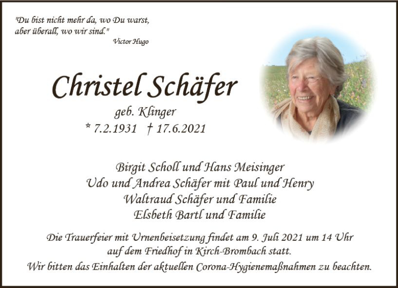  Traueranzeige für Christel Schäfer vom 26.06.2021 aus vrm-trauer
