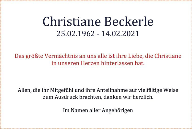  Traueranzeige für Christiane Beckerle vom 01.06.2021 aus vrm-trauer