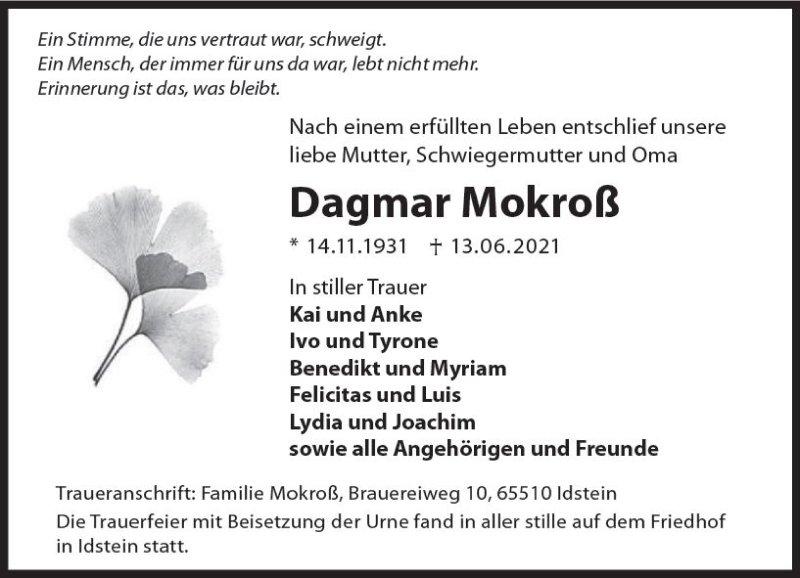  Traueranzeige für Dagmar Mokroß vom 26.06.2021 aus vrm-trauer