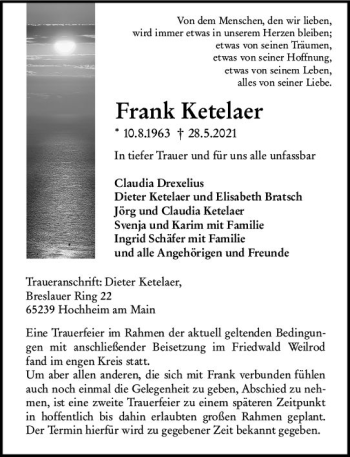 Traueranzeige von Dieter Ketelaer von vrm-trauer