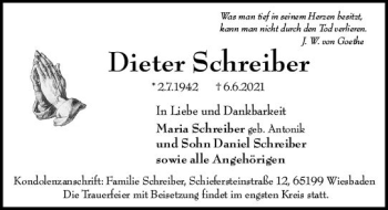 Traueranzeige von Dieter Schreiber von vrm-trauer