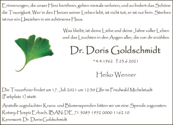 Traueranzeige von Doris Goldschmidt von vrm-trauer