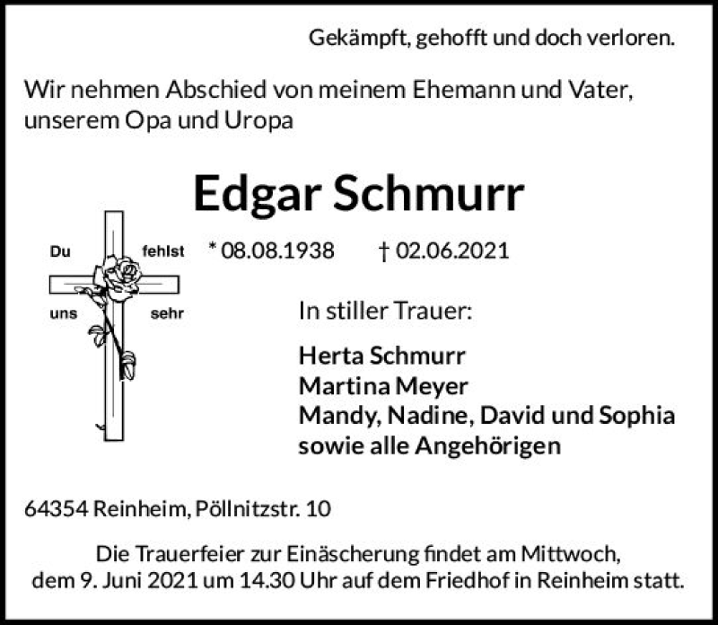  Traueranzeige für Edgar Schmurr vom 07.06.2021 aus vrm-trauer