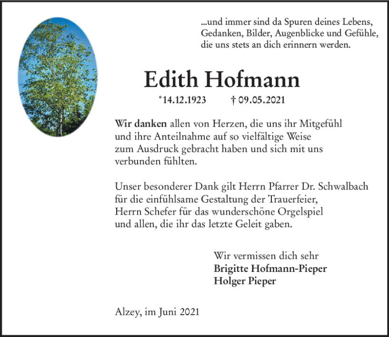  Traueranzeige für Edith Hofmann vom 19.06.2021 aus vrm-trauer