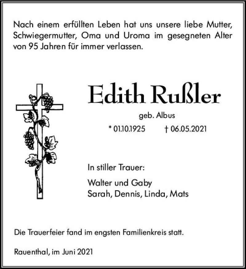  Traueranzeige für Edith Russler vom 12.06.2021 aus vrm-trauer