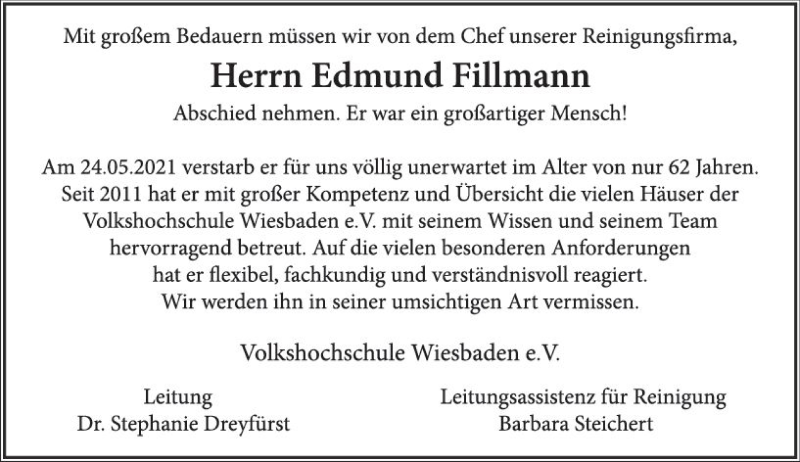  Traueranzeige für Edmund Fillmann vom 05.06.2021 aus vrm-trauer