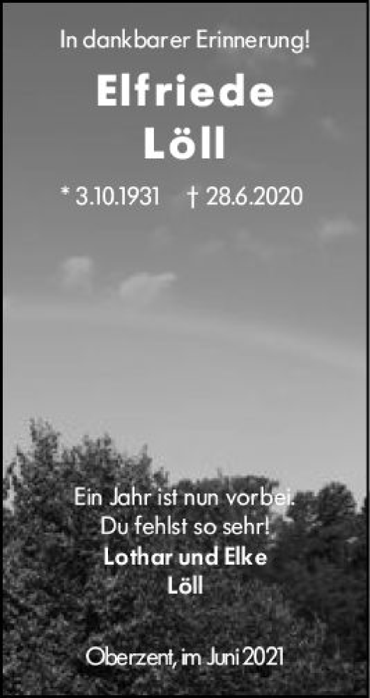  Traueranzeige für Elfriede Löll vom 28.06.2021 aus vrm-trauer