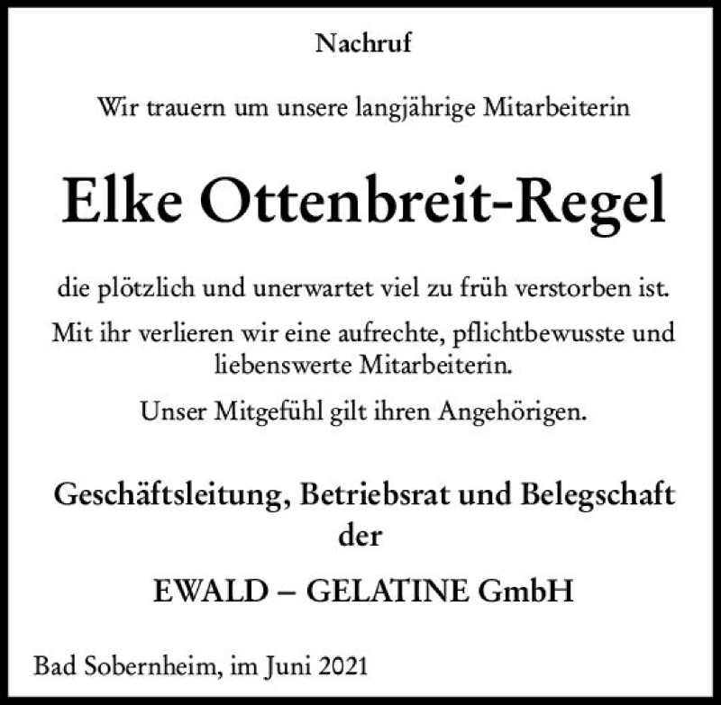  Traueranzeige für Elke Ottenbreit-Regel vom 19.06.2021 aus vrm-trauer
