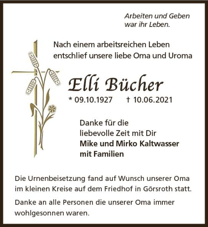  Traueranzeige für Elli8 Bücher vom 19.06.2021 aus vrm-trauer