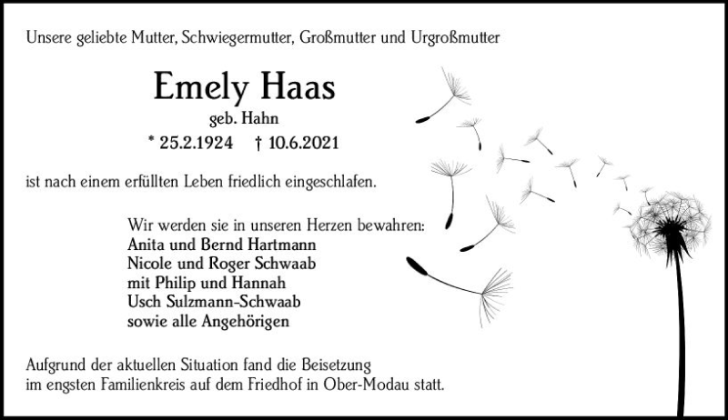  Traueranzeige für Emely Haas vom 19.06.2021 aus vrm-trauer