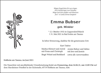 Traueranzeige von Emma Bubser von vrm-trauer