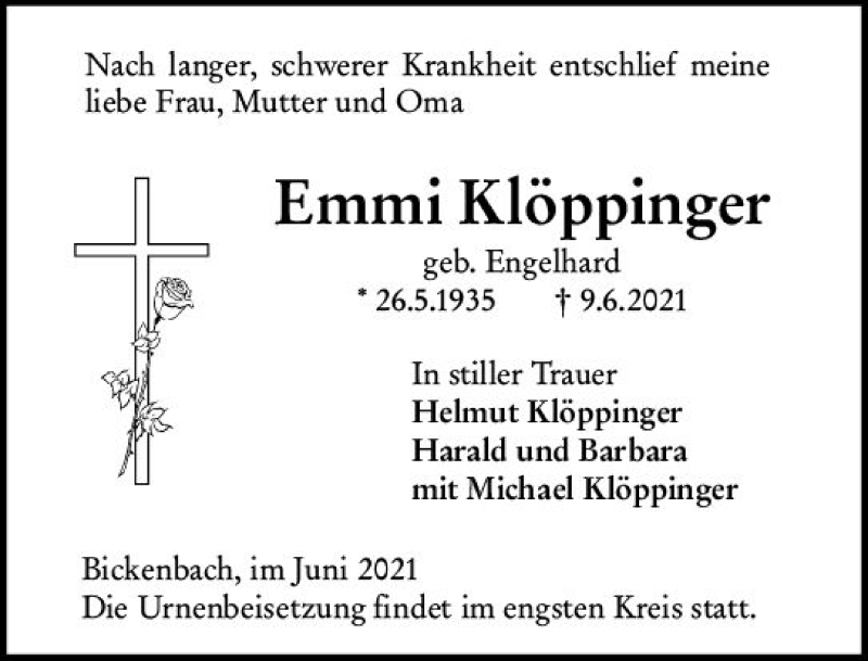  Traueranzeige für Emmi Klöppinger vom 12.06.2021 aus vrm-trauer