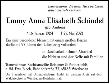 Traueranzeige von Emmy Anna Elisabeth Schindel von vrm-trauer
