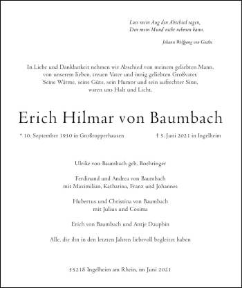 Traueranzeige von Erich Hilmar von Baumbach von vrm-trauer