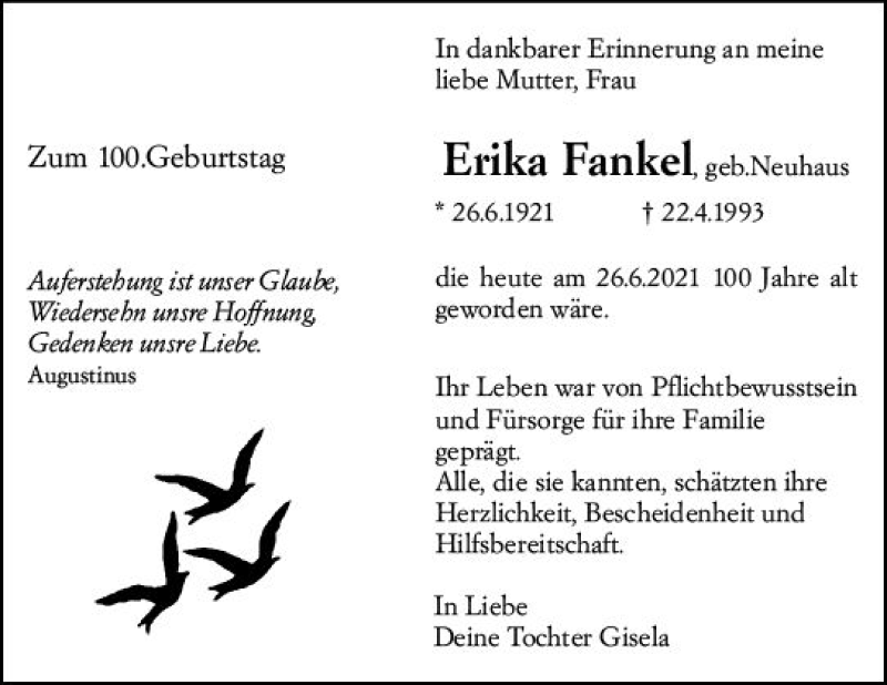  Traueranzeige für Erika  Fankel vom 26.06.2021 aus vrm-trauer