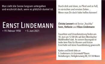 Traueranzeige von Ernst Lindemann von vrm-trauer