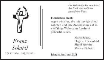 Traueranzeige von Franz Schatzl von vrm-trauer