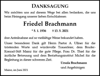 Traueranzeige von Friedel Brachmann von vrm-trauer