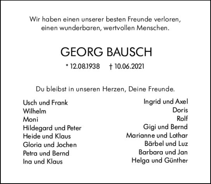  Traueranzeige für Georg Bausch vom 26.06.2021 aus vrm-trauer