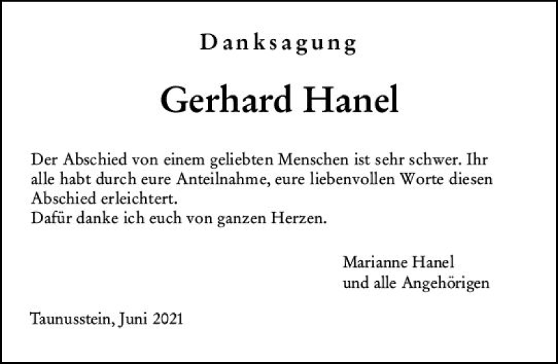  Traueranzeige für Gerhard Hanel vom 11.06.2021 aus vrm-trauer