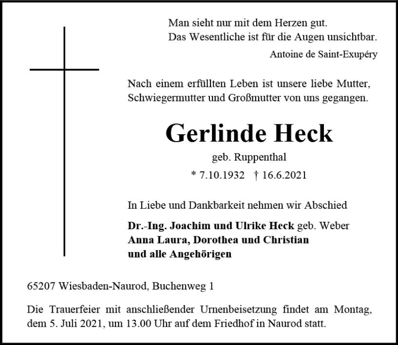  Traueranzeige für Gerlinde Heck vom 26.06.2021 aus vrm-trauer