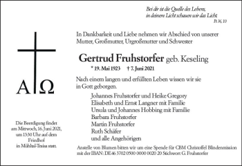 Traueranzeige von Gertrud Fruhstorfer von vrm-trauer