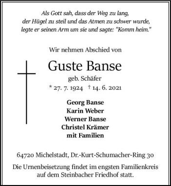 Traueranzeige von Guste Banse von vrm-trauer