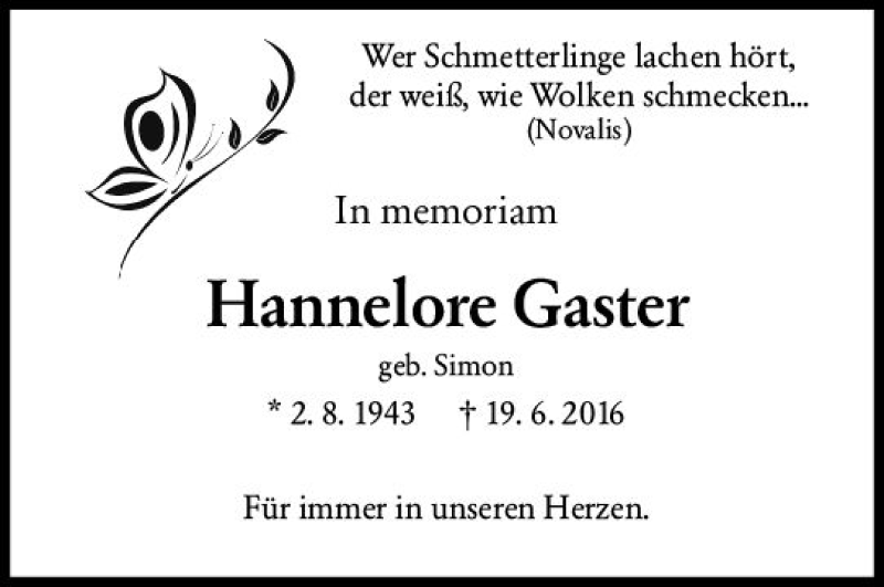  Traueranzeige für Hannelore Gaster vom 19.06.2021 aus vrm-trauer