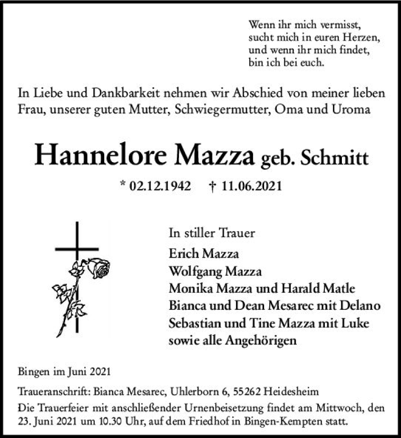  Traueranzeige für Hannelore Mazza vom 19.06.2021 aus vrm-trauer