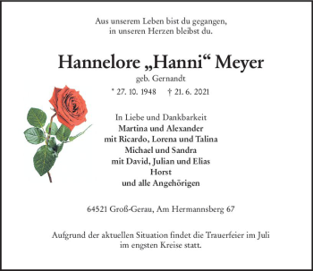 Traueranzeige von Hannelore Meyer von vrm-trauer