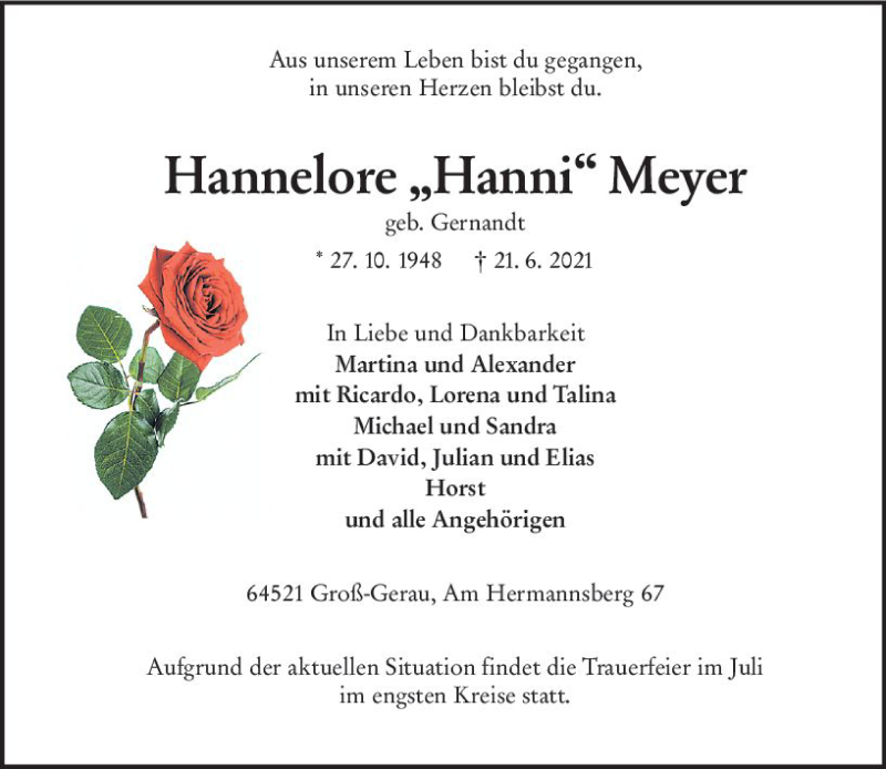  Traueranzeige für Hannelore Meyer vom 26.06.2021 aus vrm-trauer